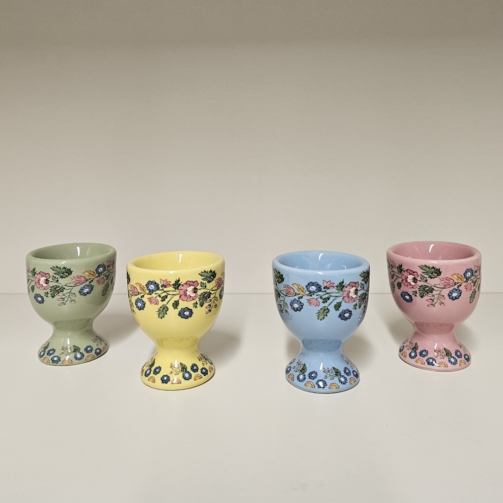 Pottery Barn Floral  Ceramic Botanical Bunny Egg Cups Set - Pastel Colors